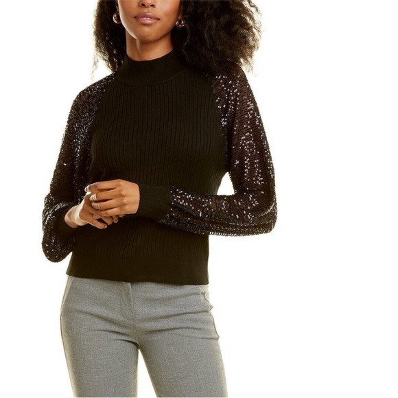 🔥NWOT Saks 5th Avenue - Joseph A Black Mock Neck Sweater w Sequin Sleeves - XL - Picture 2 of 12